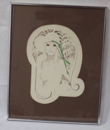 Vintage 1970's William Tara Signed Lithograph Boho Women W/ Hat Green Ribbon Framed (M-59)