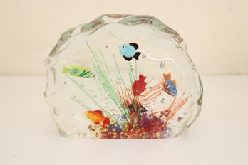 Murano Aquarium Fish Block Art Glass Paperweight. (H-14)