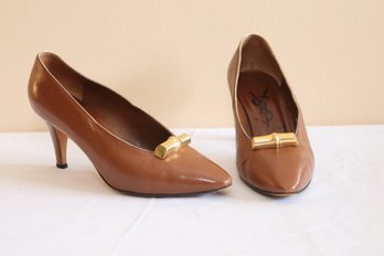 YSL Yves Saint Laurent Leather Heels With Gold Bamboo Sz. 6 1/2 M (C-22)