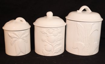 Set Of 3 White Stoneware Canisters (B-45)