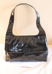 Black Patent Leather Salvatore Ferragamo Purse Shoulder Bag Handbag (C-30)