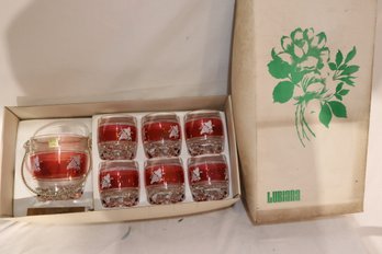 New In Box Vintage Retro Ruby Glass Ice Bucket And Cups Grapes Italy Ellenia Decor (B-60)
