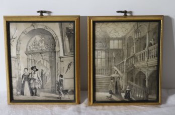 Pair Of Vintage Hand Colored Art Gravure By Sungott Art Studios Of New York (A-87)