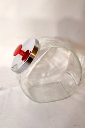 Vintage Glass Candy Cookie Jar With Chrome Lid And Red Handle (B-66)