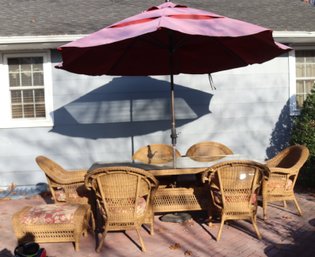 Wicker Glass Top Patio Table & Chairs With Umbrella