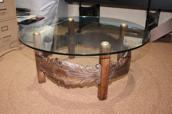 Round Coffee Table  Carved Wood Base With Glass Top (M-85)
