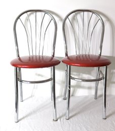 Art Deco Hollywood Regency Bistro Dining Chairs In Chrome With Red Sparkly Vinyl Seats! (F-5)