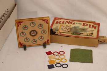 Antique 1901 - 1907 Parker Brothers Ring The Pin Game, Original Box, Bakelite Rings, Felt, Wood (V-16)