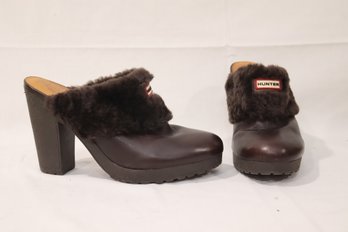 Hunter Chocolate Brown Fur Clogs, Leather High Heel Mules Size 9
