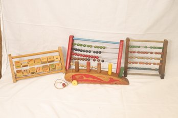 Vintage Wooden Toys, Abacus. Whale Peg, And Blocks