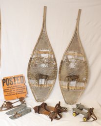 Vintage Country Cabin Decor Lot: Snow Shoes, Strap On Ice And Roller Skates  (B-48)