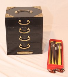 Vintage Wooden Asian 4 Drawer Trinket/ Jewelry Box And Chopsticks. (T-19)