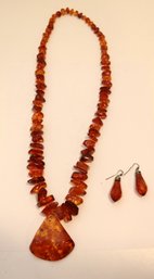 Vintage Amber Necklace With Earrings (J-9)