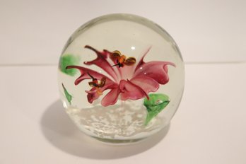 Vintage Art Glass Paperweight Red & Green Flower With Insects (H-26)