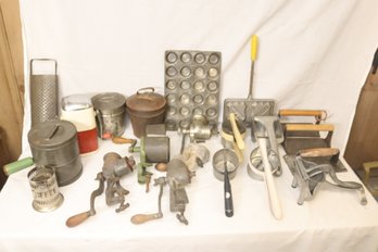 Assorted Vintage Kitchen Utensils: Grinders, Cast Iron Press, Ricers And More!!! (B-59)