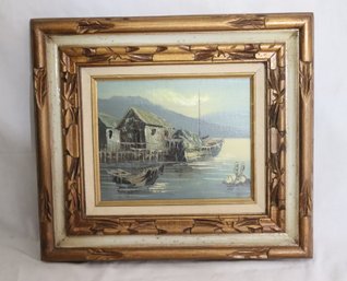 Vintage Framed Seaside Village Painting
