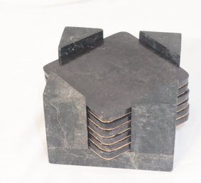 Black Cork Backed Marble Coasters And Holder Stand. (H-3)