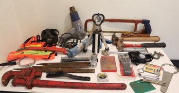Assorted Tool Lot: Heat Gun, Pipe Wrench, Hammers Flash Lights And More!  (J-43)