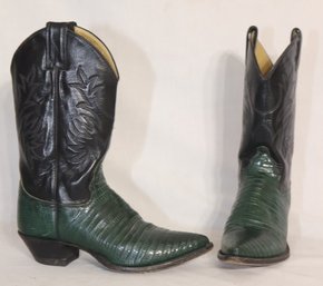 Justin Green Lizard Skin And Black Leather Cowboy Boots Size 5 1/2. (V-68)