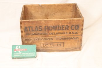Vintage Atlas Powder Co Dynamite Explosives Wooden Crate & Remington 38 Special Spent Casings