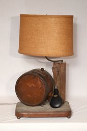 Vintage Table Lamp Wooden Black Powder Barrel And Flask (F-9)