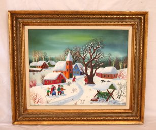 Vintage Framed A. Kowalski Folk Art Painting Snowy Winter Town Scene (R-11)