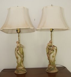 Pair Of Vintage Porcelain Table Lamps With Shades
