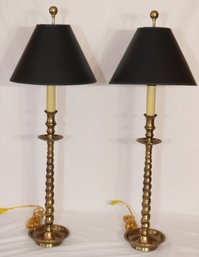 Pair Of Visual Comfort Brass Barley Twist Candlestick Lamps W/ Black Shades  (R-19)