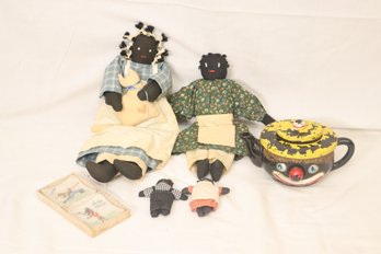 Vintage Black Americana Dolls, Teapot, Dish (B-86)