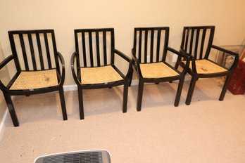 Set Of 4 Black Lacquer Chairs With Rattan Wicker Seats