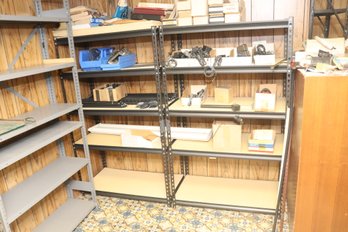 3 Metal Shelving Units With Wood Shelves. (V-37)
