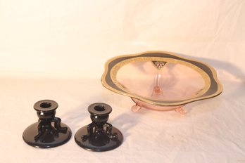Vintage 3 Legged L.E. Smith Black Amethyst Glass Candlestick & Art Deco Glass Bowl