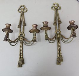Pair Of Brass 2 Candle Wall Sconces (F-25)