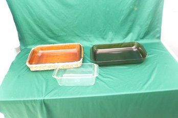 Amber Pyrex Casserole Dishes And 1 Basket (H-47)