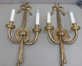 Pair Of Electric Dual Light Brass  Candelabra Wall Sconces (F-30)