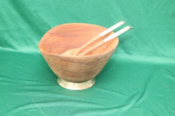 Sterling Silver Trimmed Wood Salad Bowl & Serving Spoon / Fork