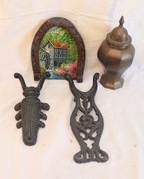 Vintage Boot Jacks, Brass Urn And Horseshoe Enamel Painting. (C-7)