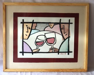 Framed Two People Clinking Wine Glasses By Leslie (P-22)