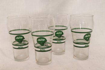 Set Of 4 New York Jets Soda Fountain Vintage Glass Coca Cola 1980s Retro NFL 12 Oz (F-53)