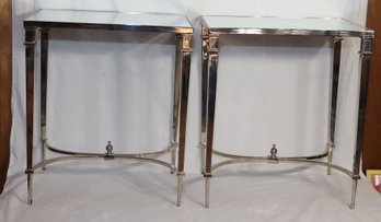 Pair Of  Global Views Rectangular French Square Leg Table Nickel Mirrored Tops