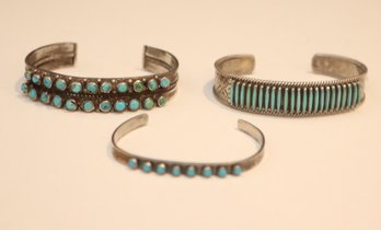 3 Vintage Cuff Bracelets Turquoise, Sterling Silver Signed Paloma Zuni. (S-8)