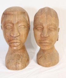 Pair Of Carved Wood African Heads