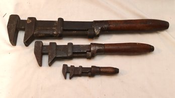 Set Of 3 Antique Wooden Handled Pipe Wrenches  (F-69)