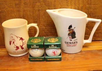 Dewar's Scotch Water Pitcher The Snoozle Mug And 2 Old St. Andrews Scotch Whisky Golf Ball L Miniature Collect