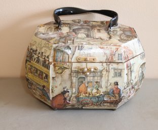 Vintage Decoupage Wood Box Purse French Old Town Pattern Felt Lined W/ Mirror