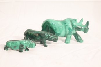 Vintage Carved Malachite Rhinoceros, Hippos