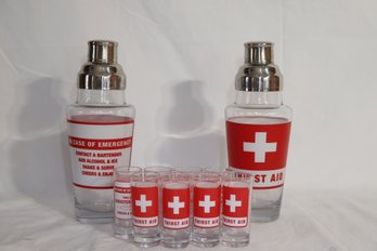 2 Sets Of First Aid Cocktail Shakers And Shot Glasses (r-76)