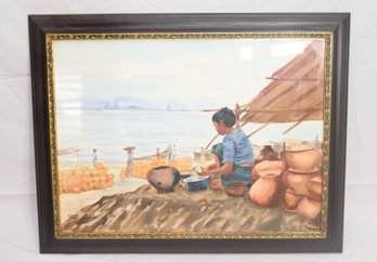 Framed Asian Fishing Village Painting Signed (B-23)