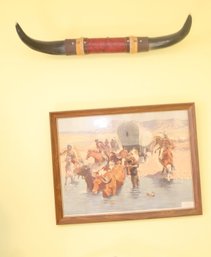 Western Framed Frederic Remington 'The Emigrants' And Steer Horns (C-36)
