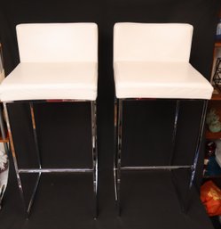 Pair Of Calligaris Counter Stools White Leather And Chrome
